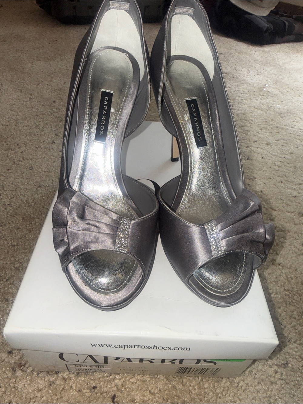 Caparros Women's Pewter Satin Peep-Toe Heels with Bow Accent